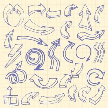 Hand drawn arrows on squared notebook page background icons set of doodle vec 스톡 일러스트
