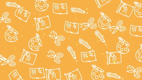 Hand Drawn Art Supplies Pattern Loop Yellow Background Seamless Animation Video stock 343323922