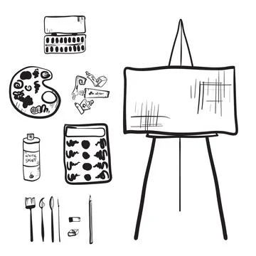 Hand drawn artistic tools set on white background Stock Illustration