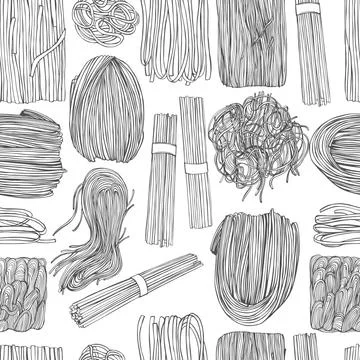 Hand drawn asian noodles. Vector seamless pattern Stock Illustration