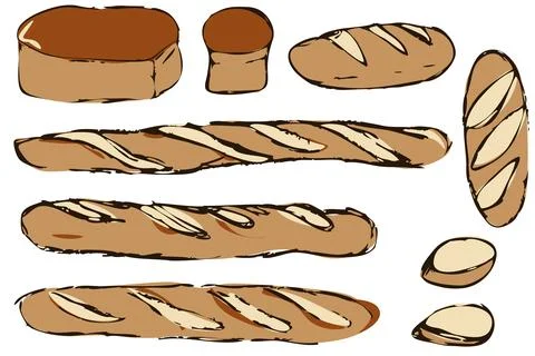 Hand Drawn Assorted Artisan Bread and Baguette Set Illustrazione stock