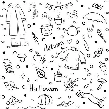 Hand drawn autumn doodle set. Stock Illustration