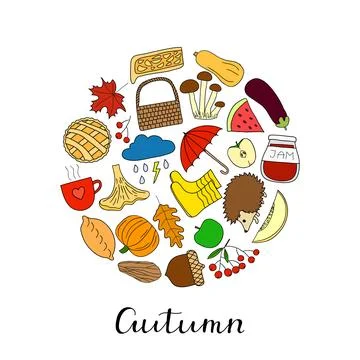 Hand drawn autumn items in circle. Stock Illustration