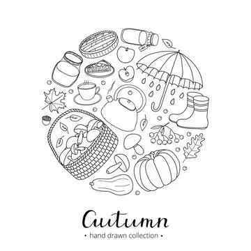 Hand drawn autumn items in circle. 스톡 일러스트