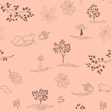 Hand drawn autumn seamless pattern with maple leaves,squirrels,acorns and mus Illustrazione stock