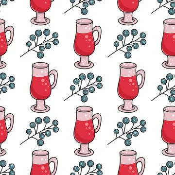 Hand drawn autumn seamless pattern with berries and mulled wine Stock Illustration