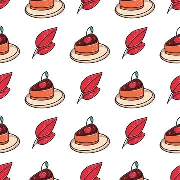 Hand drawn autumn seamless pattern with cherry cake Stock Illustration
