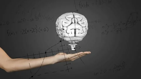 Hand-drawn axes appearing, forearm holding palm, 3D brain growing, floating, Stock Footage 332282046