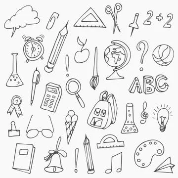 Hand drawn back to school doodles. Vector illustration of school supplies. Stock Illustration