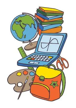 Hand drawn Back to School stationary banner. Colorful icons set Stock Illustration