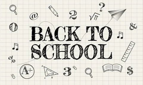 Hand Drawn Back to School Typography with Education Icons Grid Paper Stock Illustration