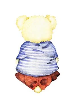 Hand Drawn Back View of Cute Teddy Bear in Striped Sailor Shirt with Red Pant Illustrazione stock