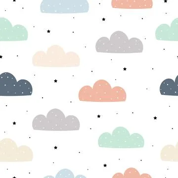 Hand-drawn background with pastel clouds on a white sky Cute seamless pattern Stockillustratie