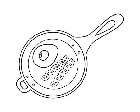 Hand Drawn Bacon strips and fried eggs in frying pan Breakfast Thematic Stock Illustration
