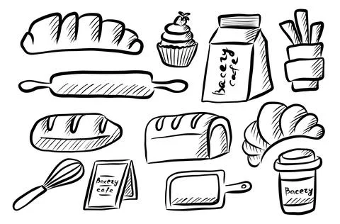 Hand drawn bakery and cafe doodle set with bread and croissant Stock Illustration