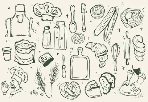Hand Drawn Bakery and Cooking Elements Vector Set Stock Illustration