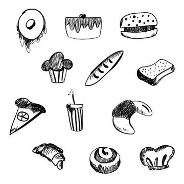 Hand Drawn bakery and fast food icon set. Blackboard stickers with chalk design Illustrazione stock