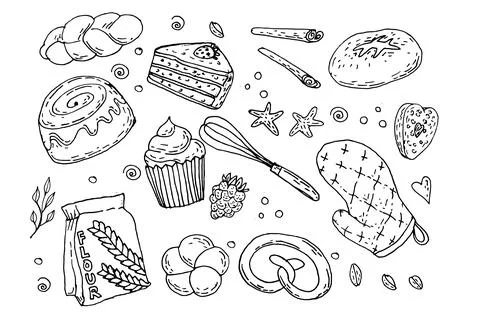 Hand drawn bakery and kitchen equipment set. Stock Illustration