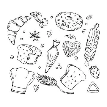 Hand drawn bakery and pastry set. Vector set of bread, donut, croissant and Stock Illustration