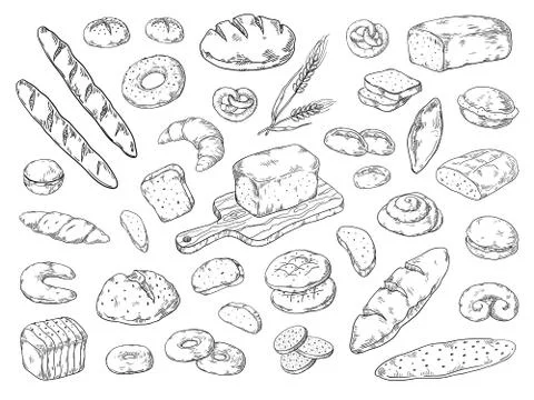 Hand drawn bakery. Doodle bread sketch, wheat flour types of bread, vintage Stockillustratie