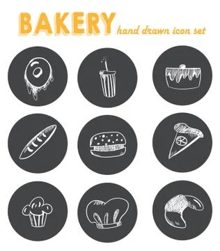 Hand Drawn Bakery icon set. blackboard Sticker with chalk design. vector il.. Stock Illustration