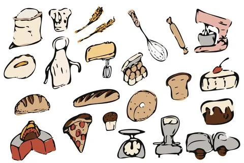 Hand Drawn Bakery Kitchen Color Set 스톡 일러스트