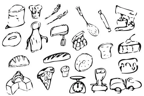 Hand Drawn Bakery Kitchen Outline Set 스톡 일러스트
