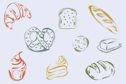 Hand drawn bakery outline vector set. 스톡 일러스트
