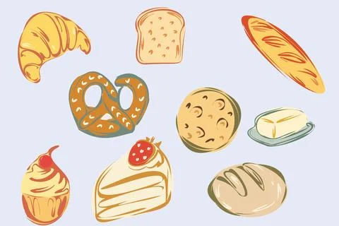 Hand drawn bakery outline vector set. 스톡 일러스트