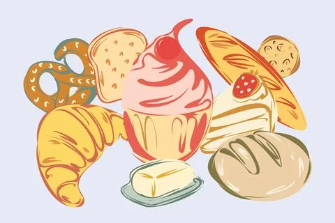 Hand drawn bakery outline vector set. 스톡 일러스트