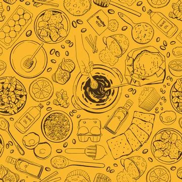 Hand Drawn Bakery Seamless Vector Pattern in Line Style Stock Illustration