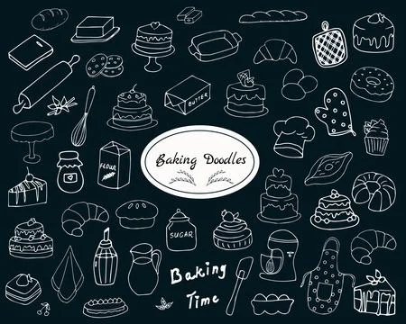 Hand-drawn baking doodle set on black background Stock Illustration