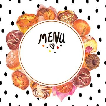 Hand drawn baking round frame with muffins Stock Illustration