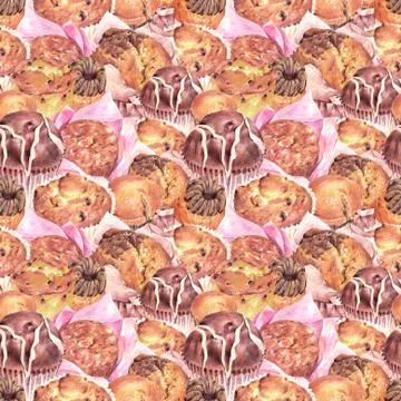 Hand drawn baking seamless background, muffins Stock Illustration