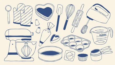Hand drawn baking tools set in blue line style. Mixer, whisk, rolling pin and Stock Illustration