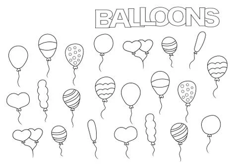 Hand drawn balloons set. Coloring book page template.  Outline doodle Illustrazione stock
