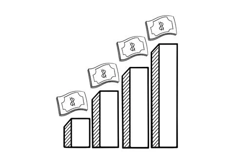 Hand drawn bar chart with dollar bills on it Stock Illustration