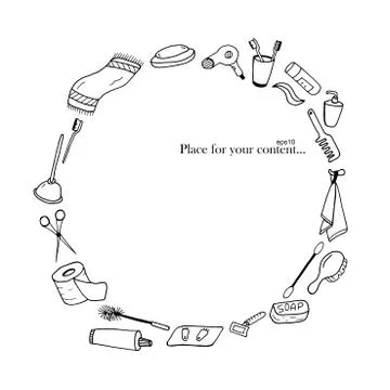 Hand drawn bath accessories frame. Doodle style. Ilustración de archivo