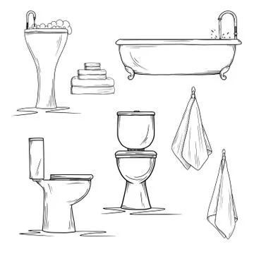 Hand drawn bathroom interior elements. Toilet and washbasin, bath and towels. Stock Illustration