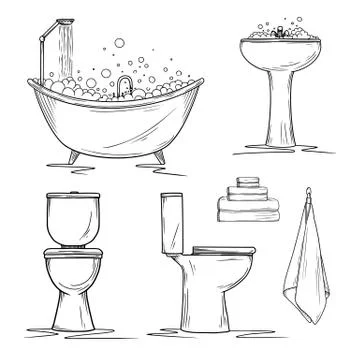 Hand drawn bathroom interior elements. Toilet and washbasin, bath and towels. Stock Illustration