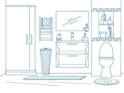 Hand drawn bathroom interior. Sketch bathtubs and other bathroom items. Vector Stock Illustration