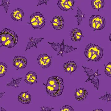 Hand drawn bats, pumpikns on a colored background. Stock Illustration