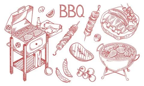 Hand Drawn BBQ Grill Set Vector Illustration Collection イラスト素材