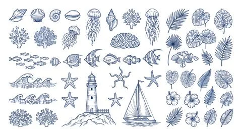 Hand Drawn Beach and Nautical Summer Elements Иллюстрация