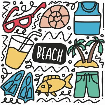Hand drawn beach doodle set Stock Illustration