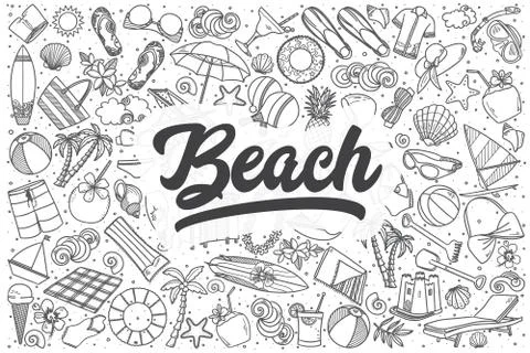Hand drawn beach vector doodle set. Stock Illustration