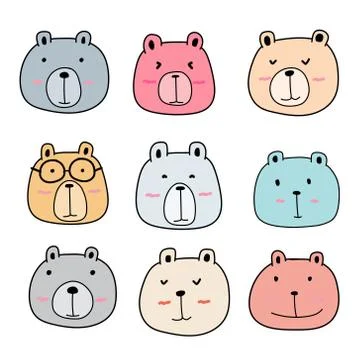 Hand Drawn Bear Cute Characters Set. Stock Illustration