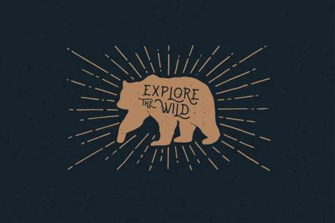 Hand drawn bear with an inscription explore the wild nature in the rays of light Stock Illustration