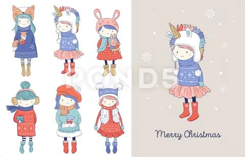 Hand drawn beautiful cute little winter girls collection. Merry Christmas Stock Illustration