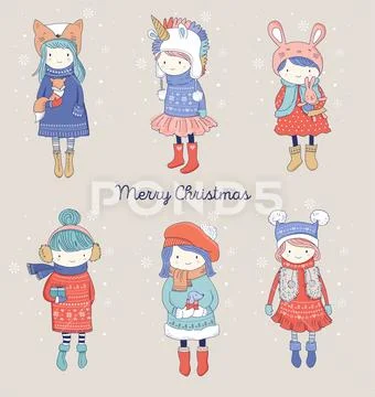 Hand drawn beautiful cute little winter girls collection. Merry Christmas Stock Illustration